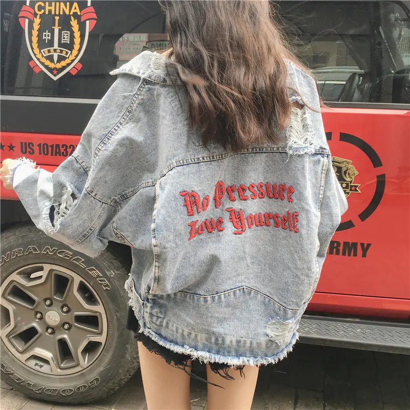 Korean Style Loose Fitting Embroidered Denim Jacket